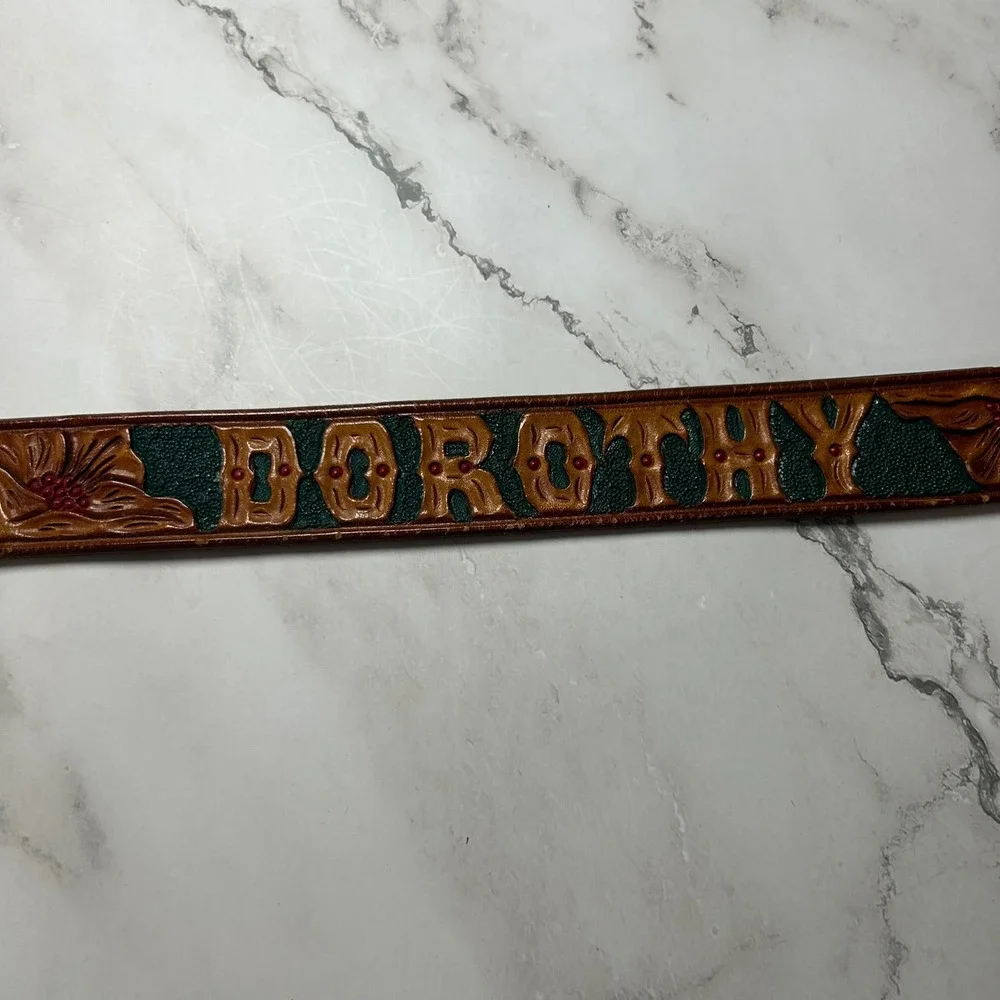 Vintage Custom Tooled Leather Dorothy Belt Western Floral Brown Green Brass 30